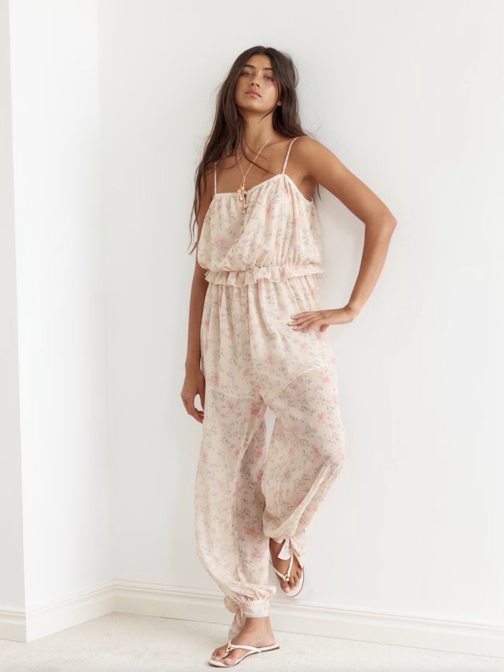 H&M Womens light beige floral printed jumpsuit Size L New with tags
